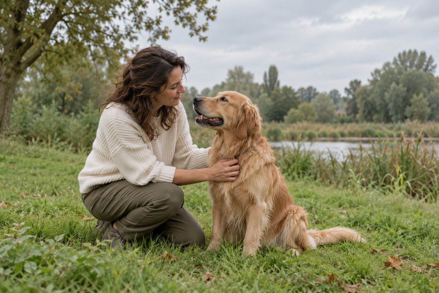 Voorbeeldbeeld van een vrouw die rustig contact maakt met een hond in het groen