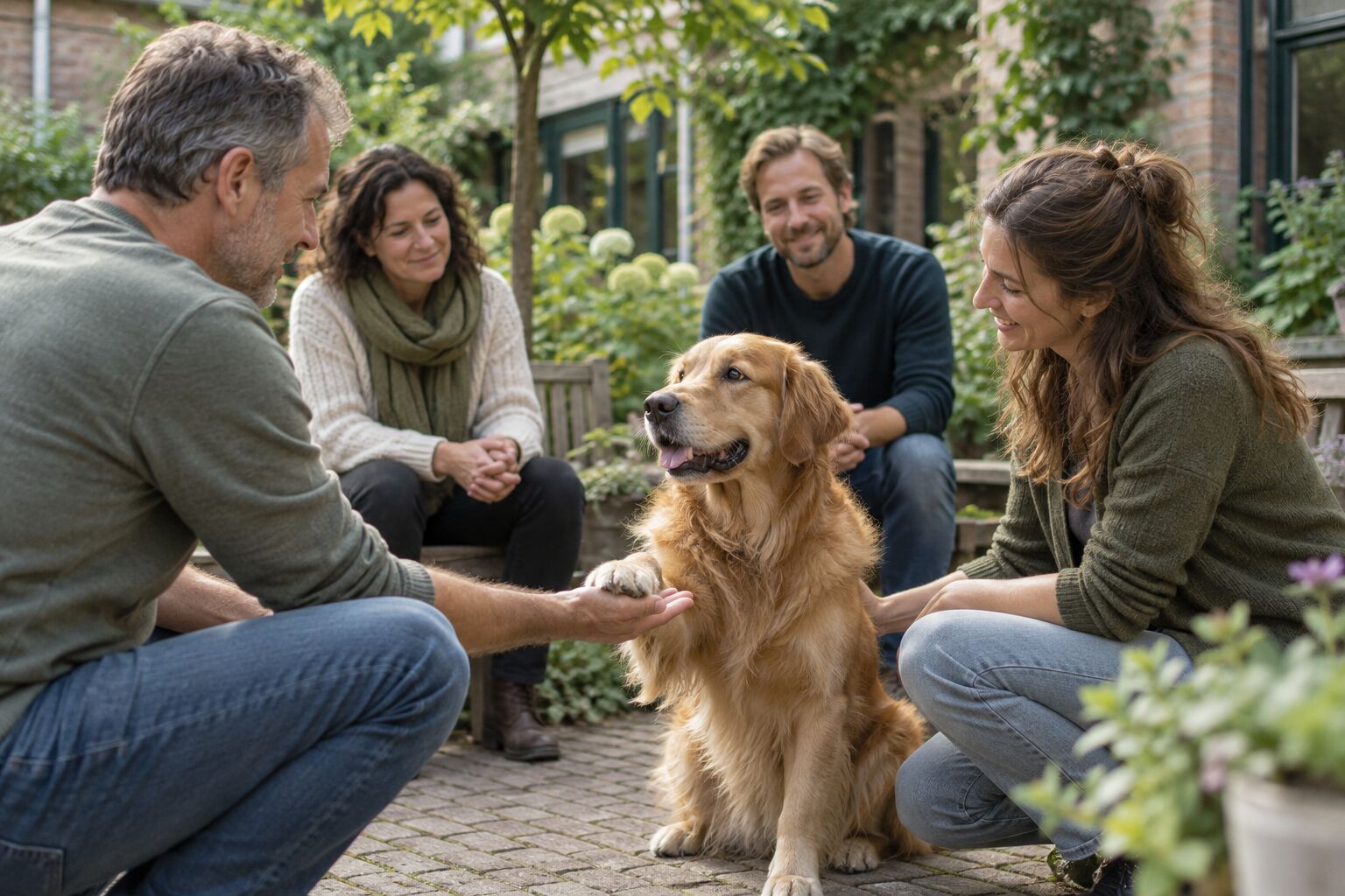 Gegenereerde voorbeeldfoto van een groepsactiviteit met een hond