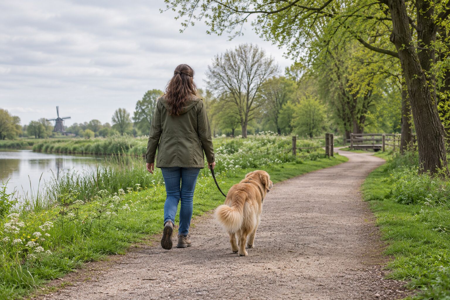 Gegenereerde voorbeeldfoto van een rustige wandeling met een hond